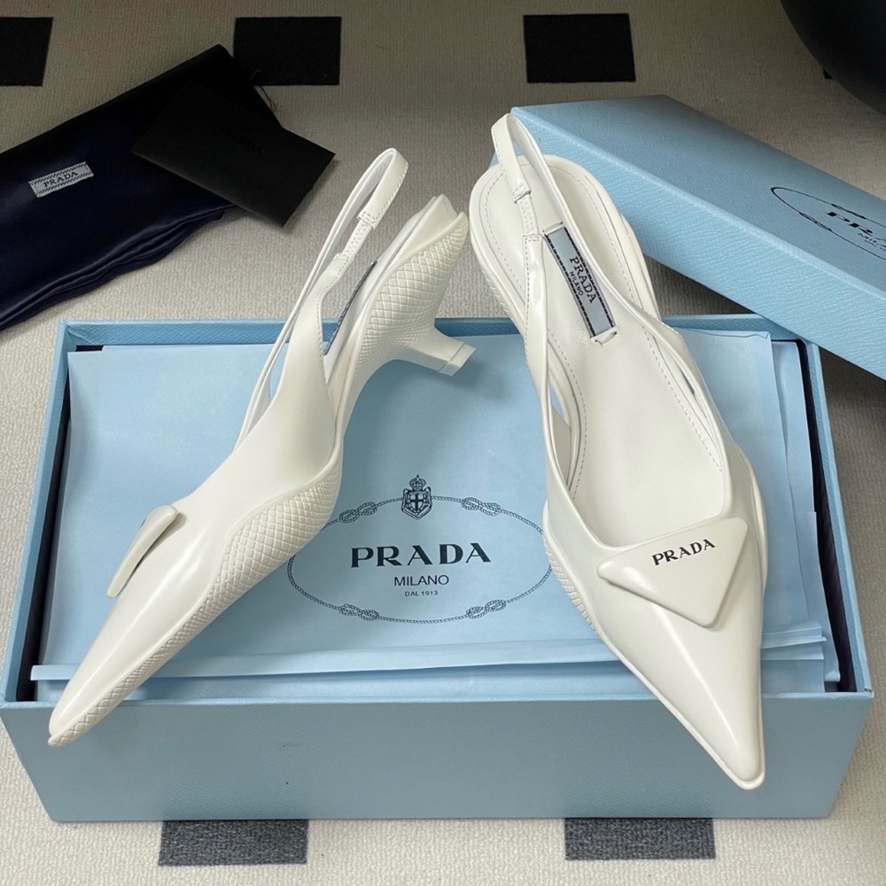 Prada Linea Rossa White Patent Slingback Pointed-Toe Heels